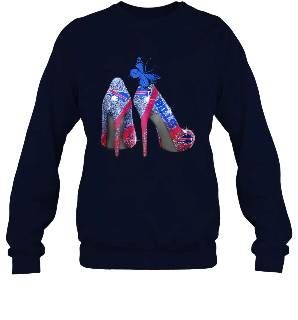 NFL Buffalo Bill Rhinestone High Heels Butterfly Rhinestone Tide Crewneck Sweatshirt