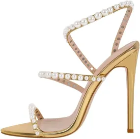 richealnini Stiletto High Heels Pointed Toe Heeled Sandals with Pearls Strappy Heels