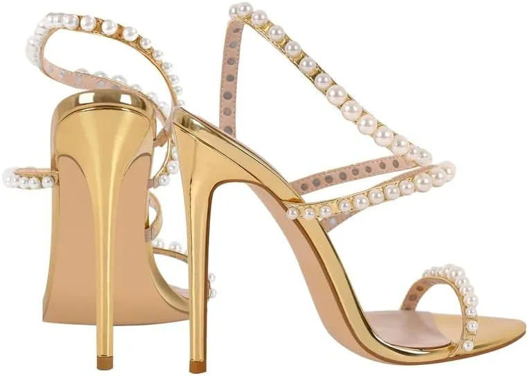 richealnini Stiletto High Heels Pointed Toe Heeled Sandals with Pearls Strappy Heels