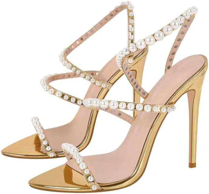 richealnini Stiletto High Heels Pointed Toe Heeled Sandals with Pearls Strappy Heels