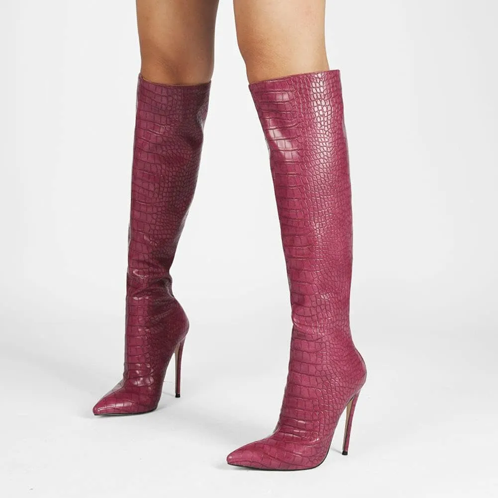 Roimaash Elegant Women Knee High Boots Stiletto High Heels Pointed Toe