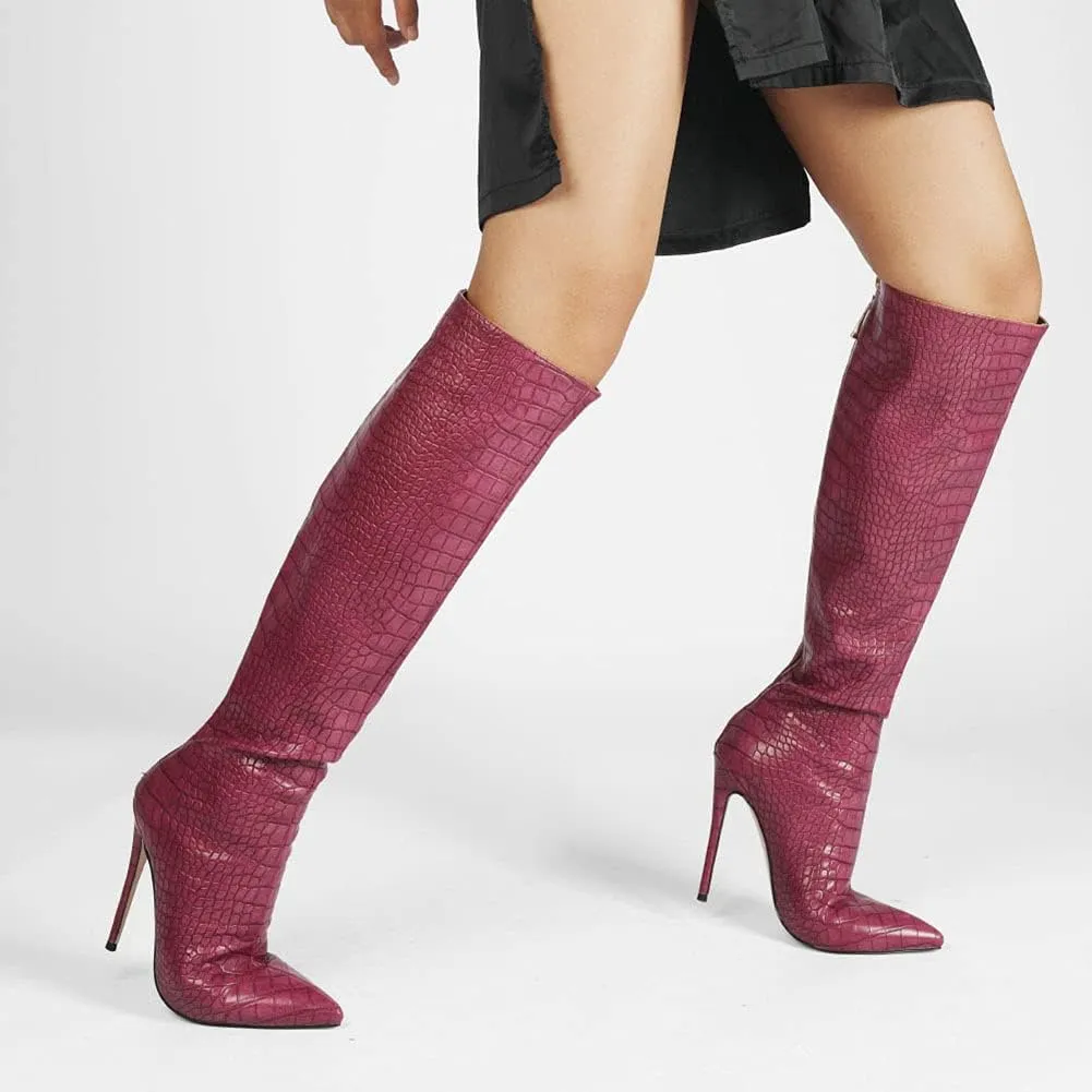 Roimaash Elegant Women Knee High Boots Stiletto High Heels Pointed Toe