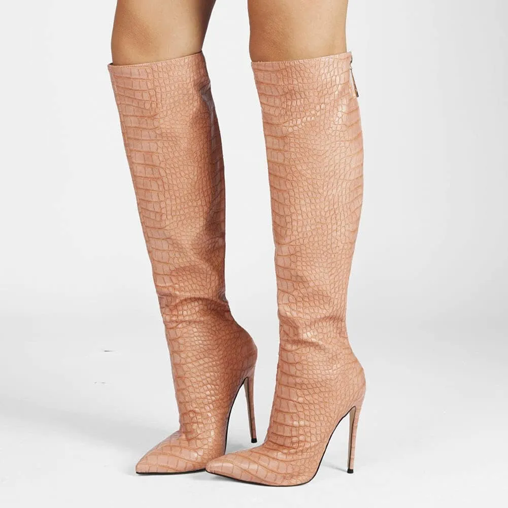 Roimaash Elegant Women Knee High Boots Stiletto High Heels Pointed Toe