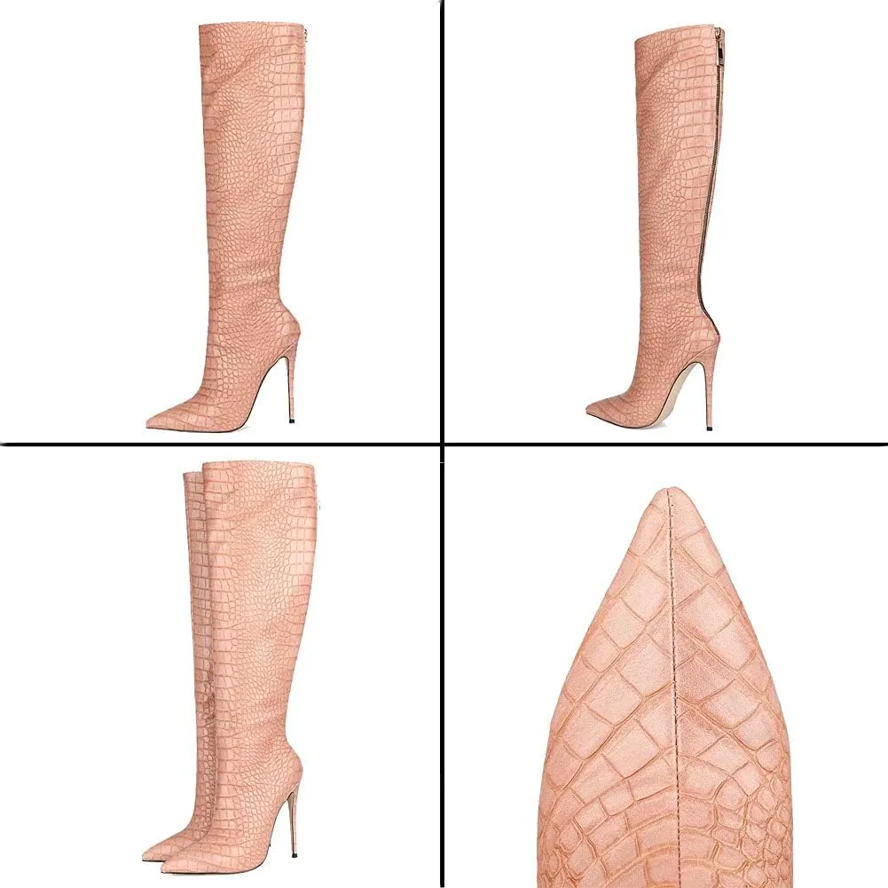 Roimaash Elegant Women Knee High Boots Stiletto High Heels Pointed Toe