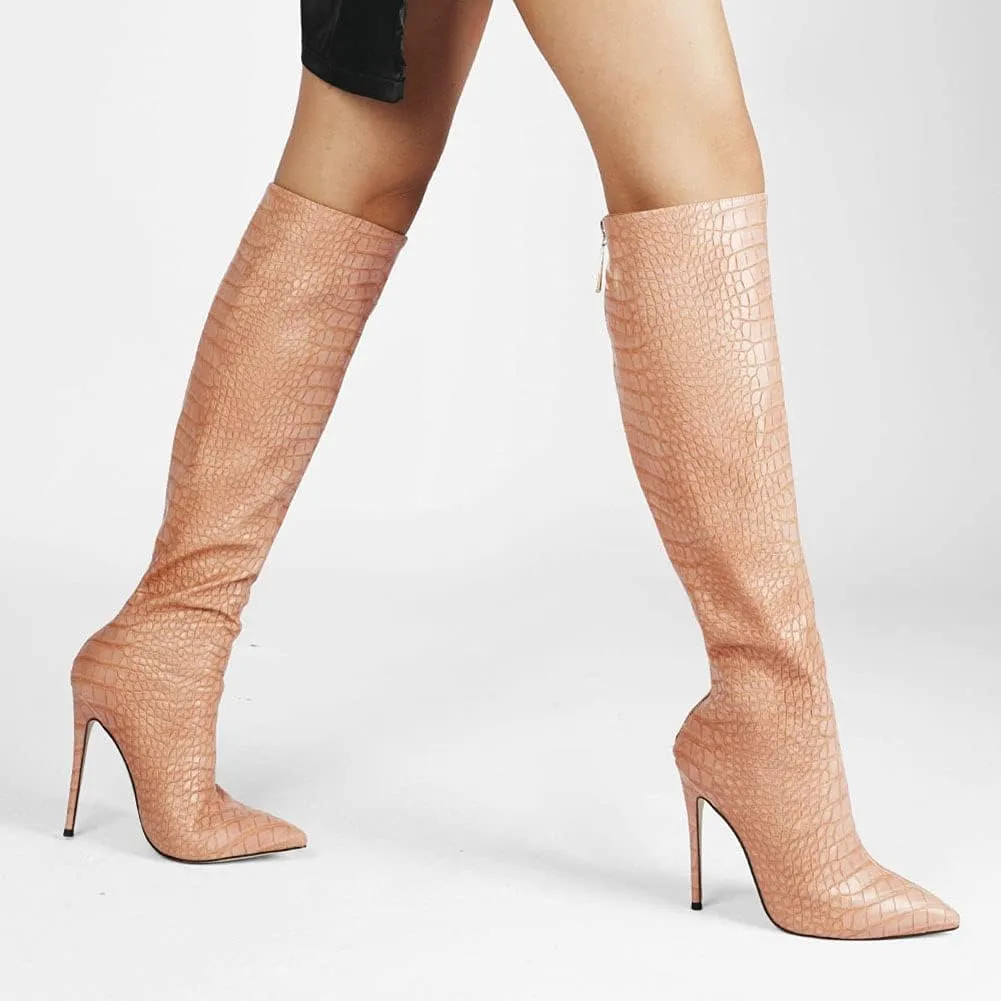 Roimaash Elegant Women Knee High Boots Stiletto High Heels Pointed Toe