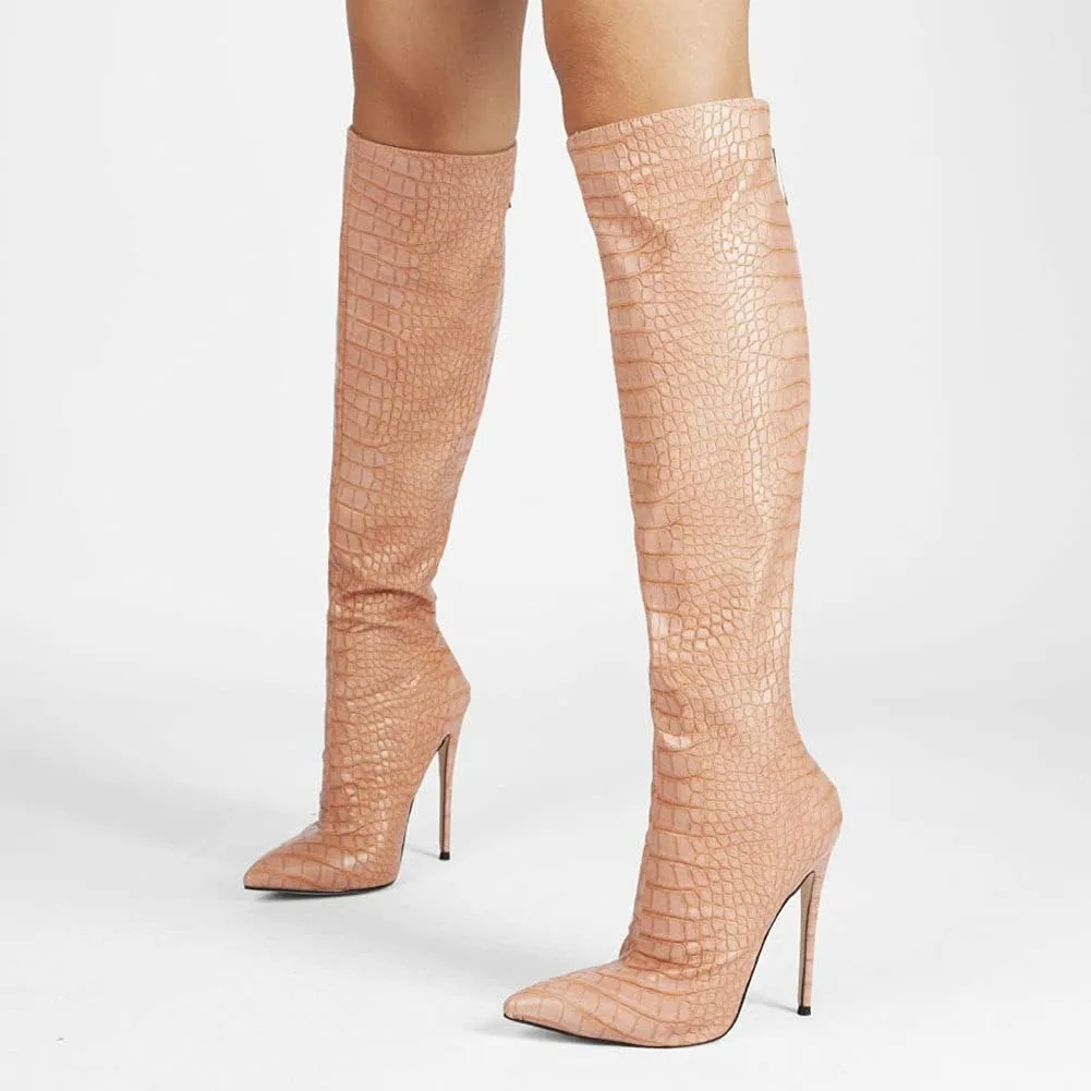 Roimaash Elegant Women Knee High Boots Stiletto High Heels Pointed Toe