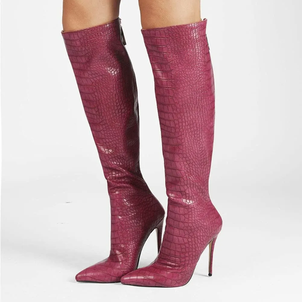 Roimaash Elegant Women Knee High Boots Stiletto High Heels Pointed Toe