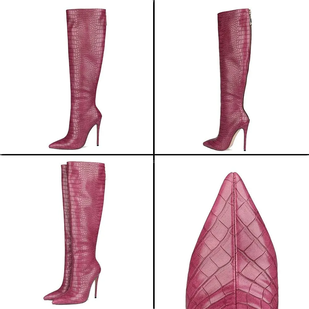 Roimaash Elegant Women Knee High Boots Stiletto High Heels Pointed Toe