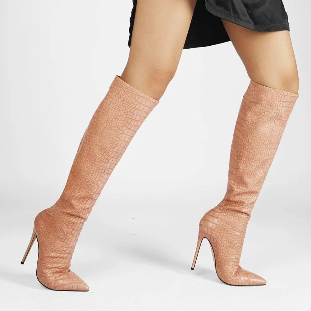 Roimaash Elegant Women Knee High Boots Stiletto High Heels Pointed Toe