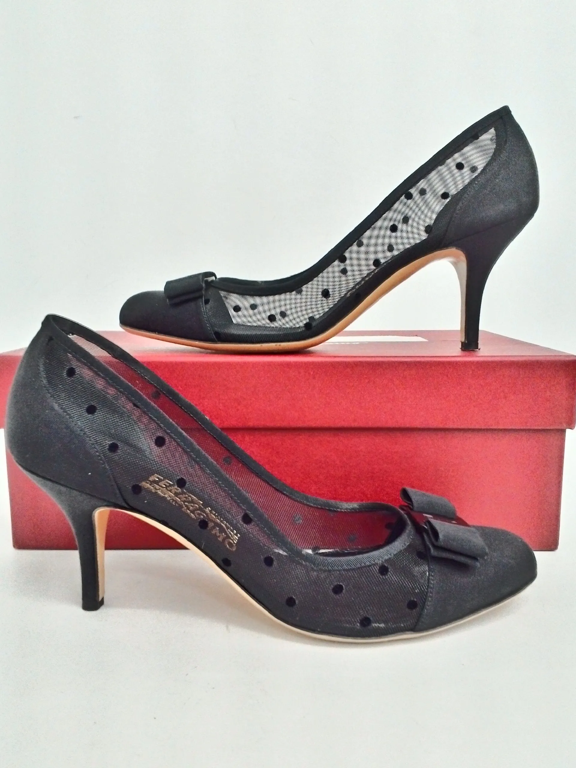 Salvatore Ferragamo Women's Carladots Black Fabric Heels Size 8.5 B