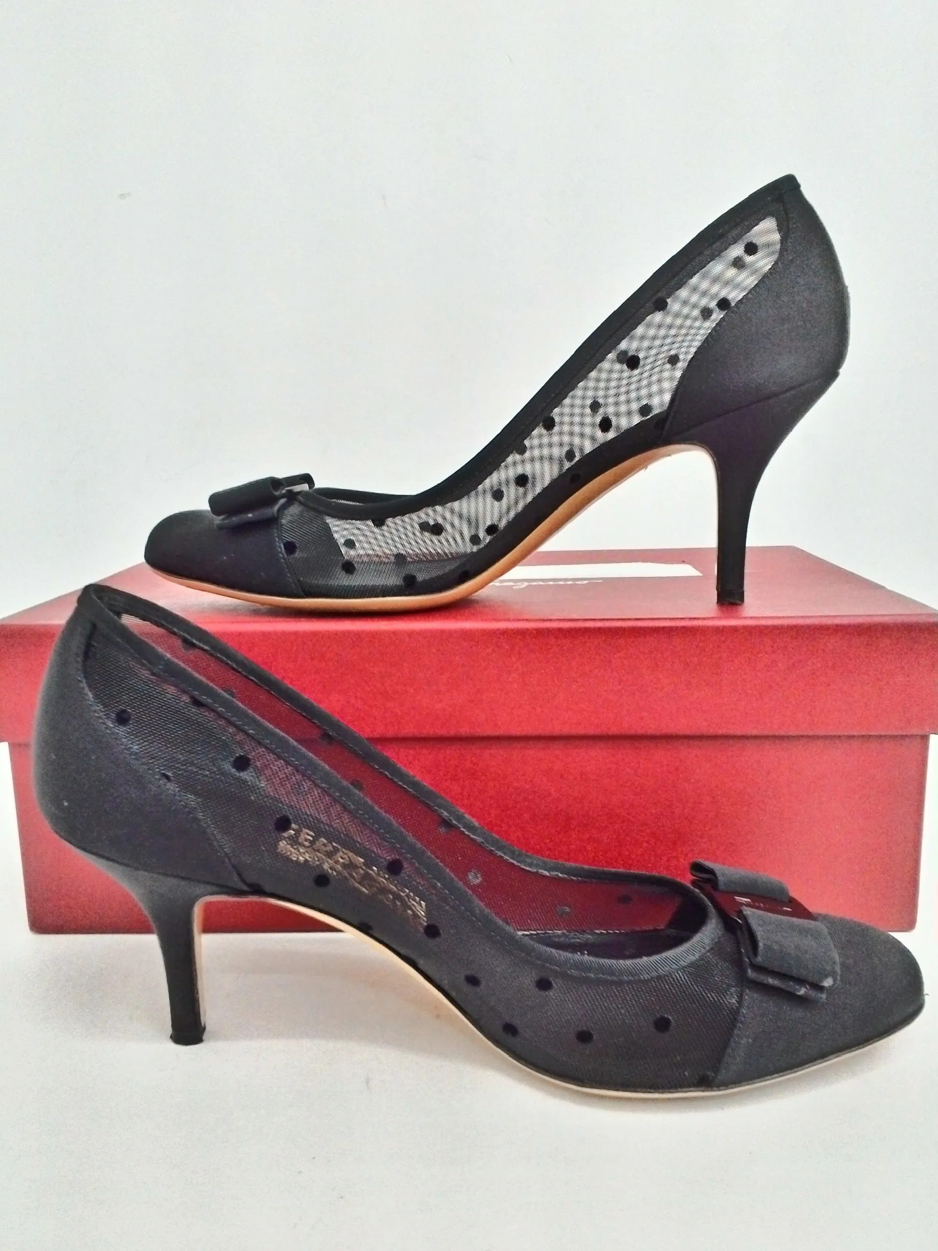 Salvatore Ferragamo Women's Carladots Black Fabric Heels Size 8.5 B
