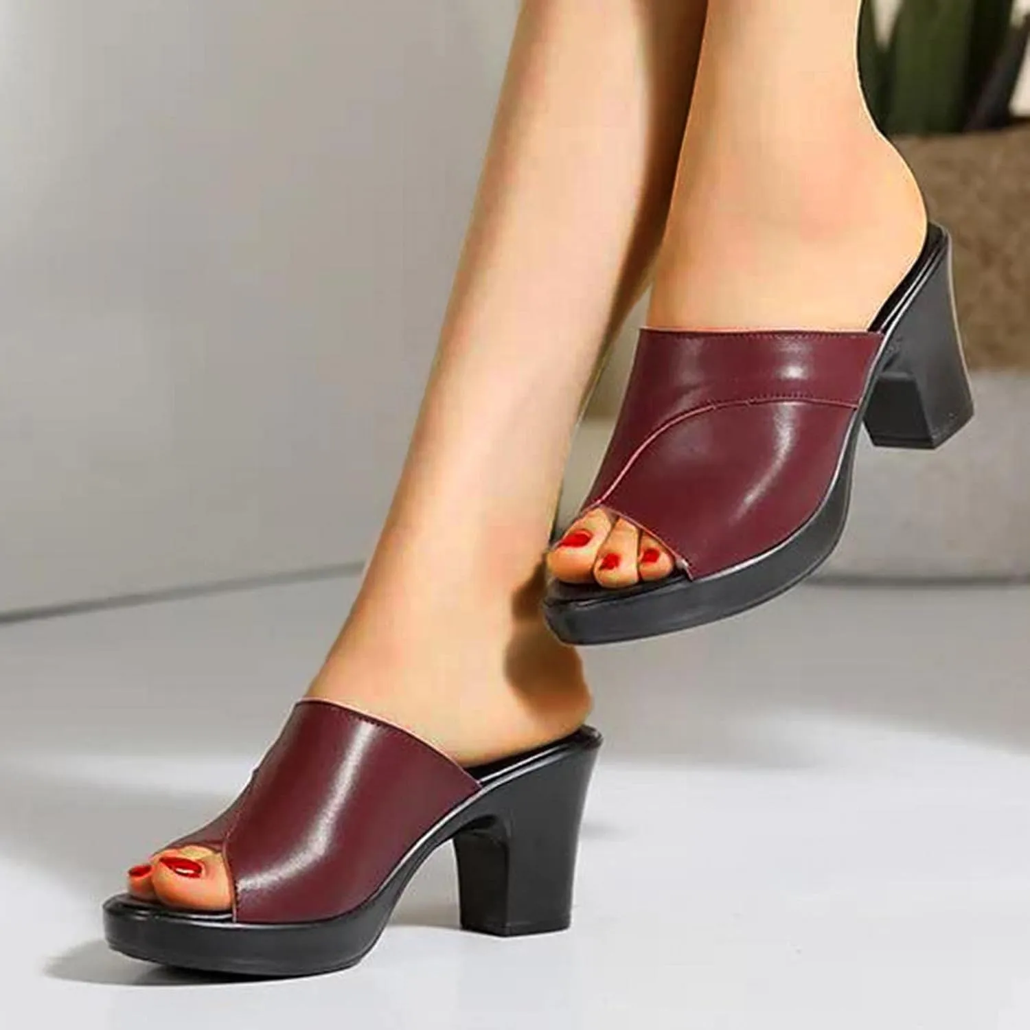 SuanlaTDS Womens Low Block Chunky Mules Leather Open Peep Toe Slip On Sandals Fashion Mid Heel Pumps Ladies Work Evening Party Dress Slide Heels