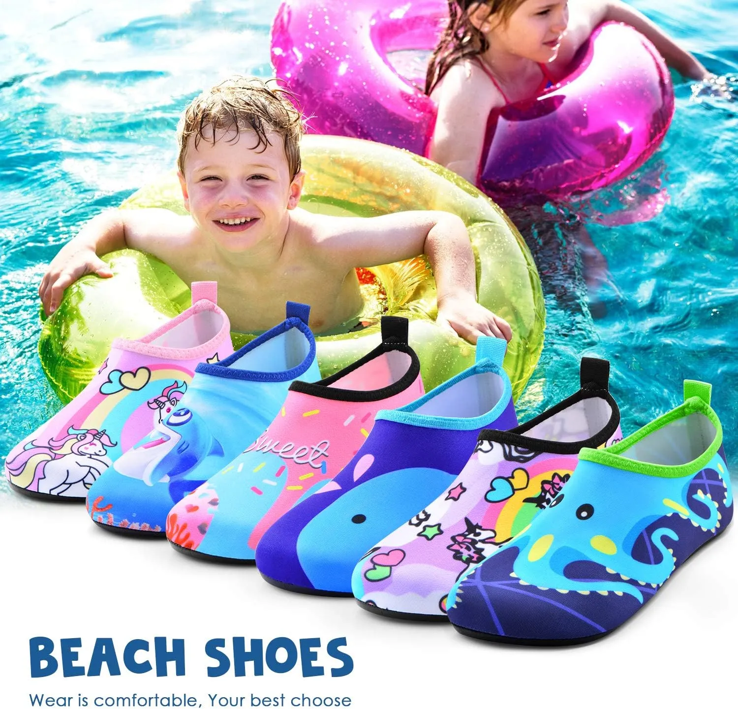 Sunnywoo Water Shoes for Kids Girls Boys，Toddler Kids Swim Water Shoes Quick Dry Non-Slip Water Skin Barefoot Sports Shoes Aqua Socks for Beach Outdoor Sports