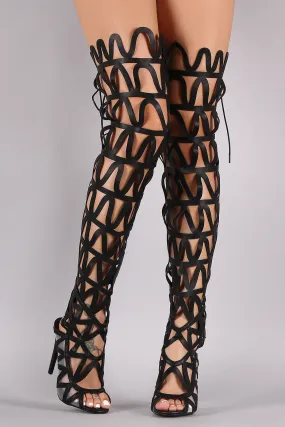 Thigh High Caged Back Lace Gladiator Stiletto Heels