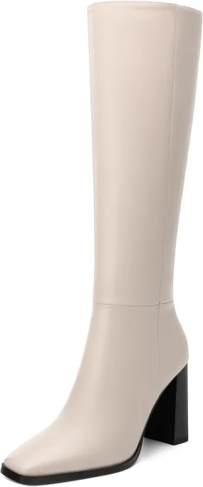 Womens Knee High Boots, Square Toe High Chunky Heel Knee High Boots for Women Zipper 3.5"