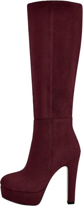 Women's Platform Knee High Boots Solid Color Side Zipper Block High Heels